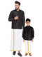 Vastramay Men's & Boys Black Solid Silk Blend Full Sleeve Ethnic Shirt And Mundu Set