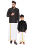 Vastramay Men's & Boys Black Solid Silk Blend Full Sleeve Ethnic Shirt And Mundu Set