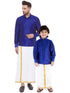 Vastramay Men's & Boys Blue Solid Silk Blend Full Sleeve Ethnic Shirt And Mundu Set