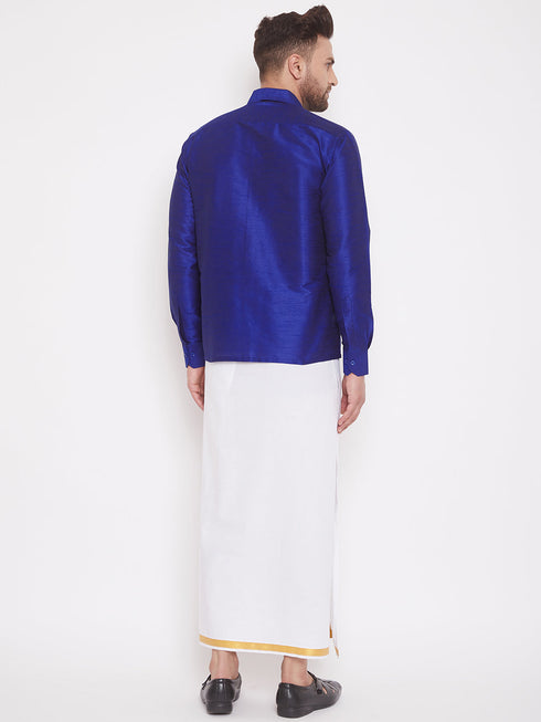 Vastramay Men's & Boys Blue Solid Silk Blend Full Sleeve Ethnic Shirt And Mundu Set