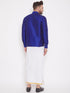 Vastramay Men's & Boys Blue Solid Silk Blend Full Sleeve Ethnic Shirt And Mundu Set