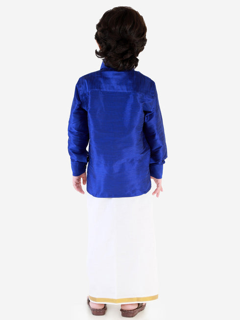 Vastramay Men's & Boys Blue Solid Silk Blend Full Sleeve Ethnic Shirt And Mundu Set