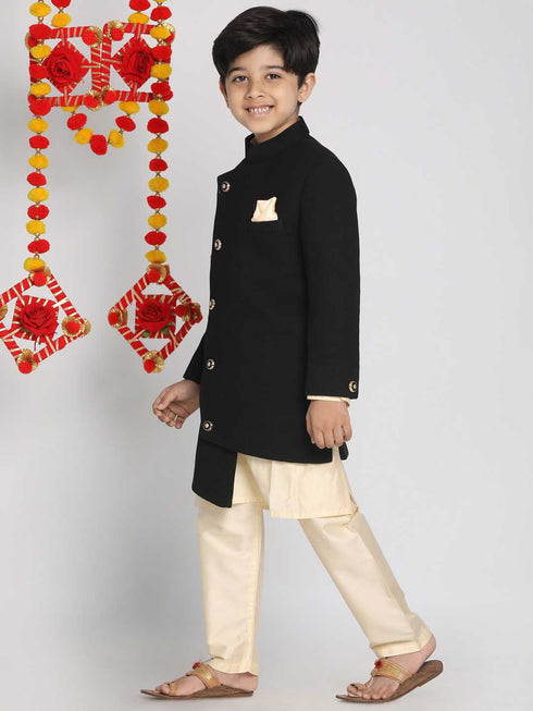 Vastramay Boy's Black Indo Western Jacket With Kurta And Pyjama Set