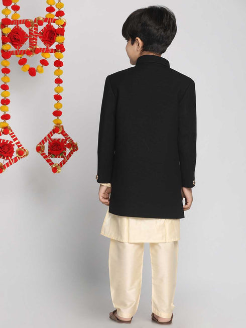 Vastramay Boy's Black Indo Western Jacket With Kurta And Pyjama Set