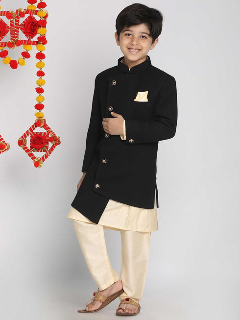 Vastramay Boy's Black Indo Western Jacket With Kurta And Pyjama Set