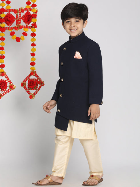 Vastramay Boy's Blue Indo Western Jacket With Kurta And Pyjama Set