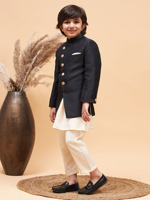 Vastramay Boy's Black Indo Western Jacket With Cream Kurta And Pyjama Set