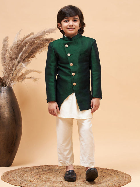 Vastramay Boy's Green Indo Western Jacket With Cream Kurta And Pyjama Set