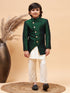 Vastramay Boy's Green Indo Western Jacket With Cream Kurta And Pyjama Set