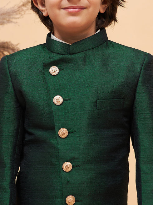 Vastramay Boy's Green Indo Western Jacket With Cream Kurta And Pyjama Set