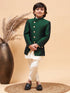 Vastramay Boy's Green Indo Western Jacket With Cream Kurta And Pyjama Set