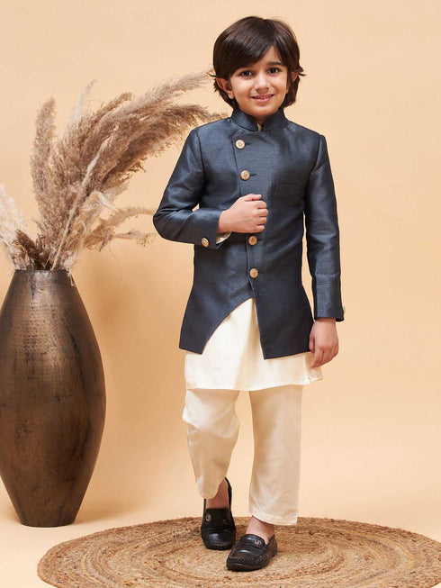 Vastramay Boy's Grey Indo Western Jacket With Cream Kurta And Pyjama Set