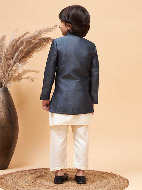 Vastramay Boy's Grey Indo Western Jacket With Cream Kurta And Pyjama Set