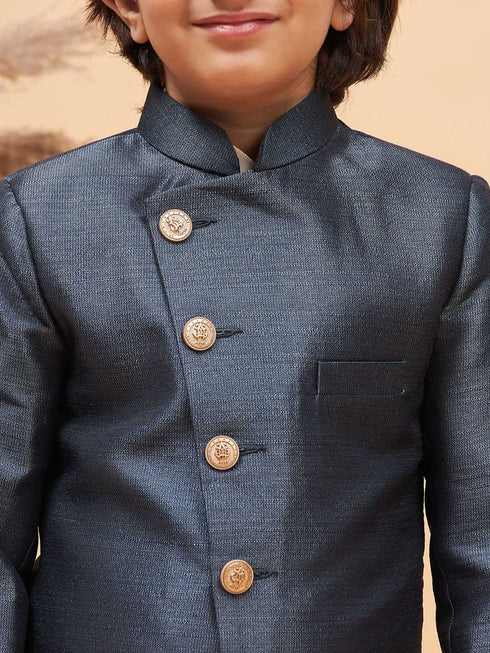 Vastramay Boy's Grey Indo Western Jacket With Cream Kurta And Pyjama Set