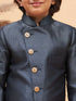 Vastramay Boy's Grey Indo Western Jacket With Cream Kurta And Pyjama Set