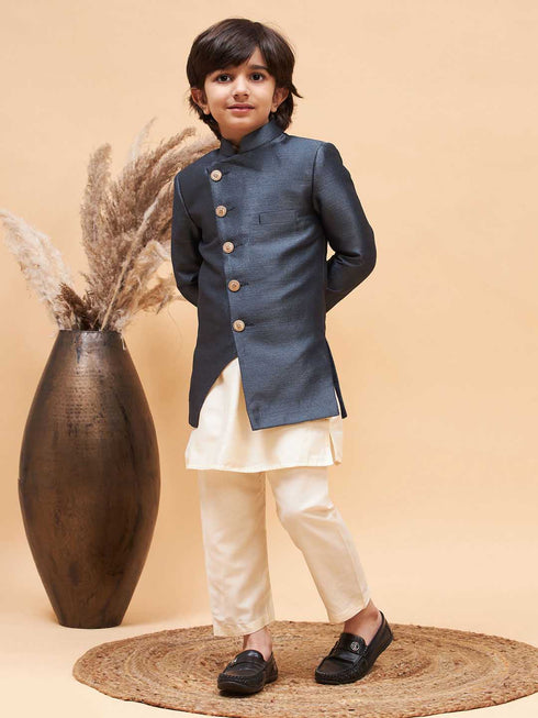Vastramay Boy's Grey Indo Western Jacket With Cream Kurta And Pyjama Set