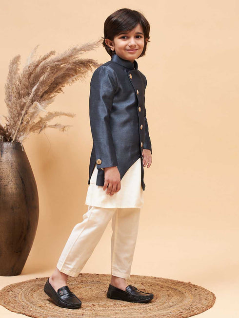 Vastramay Boy's Grey Indo Western Jacket With Cream Kurta And Pyjama Set