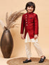 Vastramay Boy's Maroon Indo Western Jacket With Cream Kurta And Pyjama Set