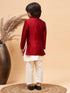 Vastramay Boy's Maroon Indo Western Jacket With Cream Kurta And Pyjama Set