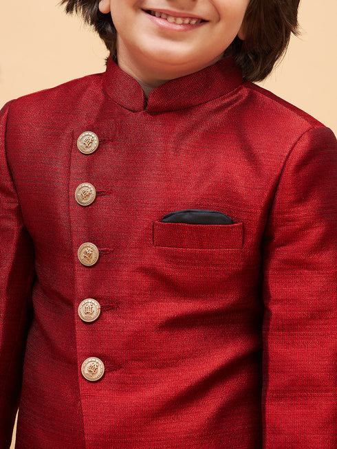Vastramay Boy's Maroon Indo Western Jacket With Cream Kurta And Pyjama Set