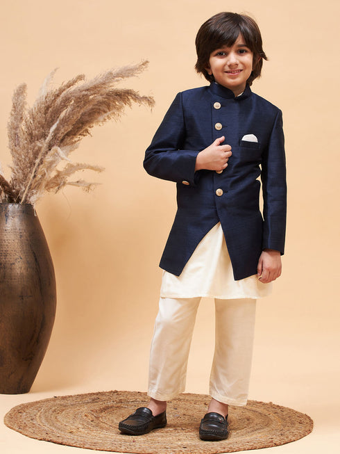 Vastramay Boy's Navy Blue Indo Western Jacket With Cream Kurta And Pyjama Set