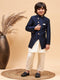 Vastramay Boy's Navy Blue Indo Western Jacket With Cream Kurta And Pyjama Set