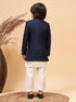 Vastramay Boy's Navy Blue Indo Western Jacket With Cream Kurta And Pyjama Set