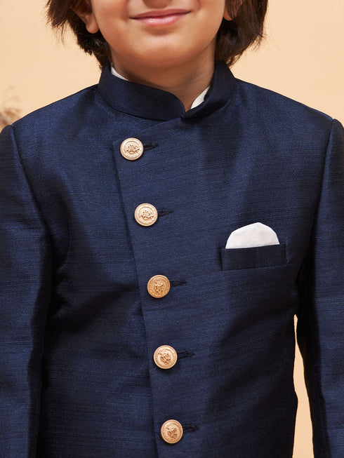 Vastramay Boy's Navy Blue Indo Western Jacket With Cream Kurta And Pyjama Set