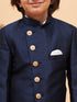 Vastramay Boy's Navy Blue Indo Western Jacket With Cream Kurta And Pyjama Set