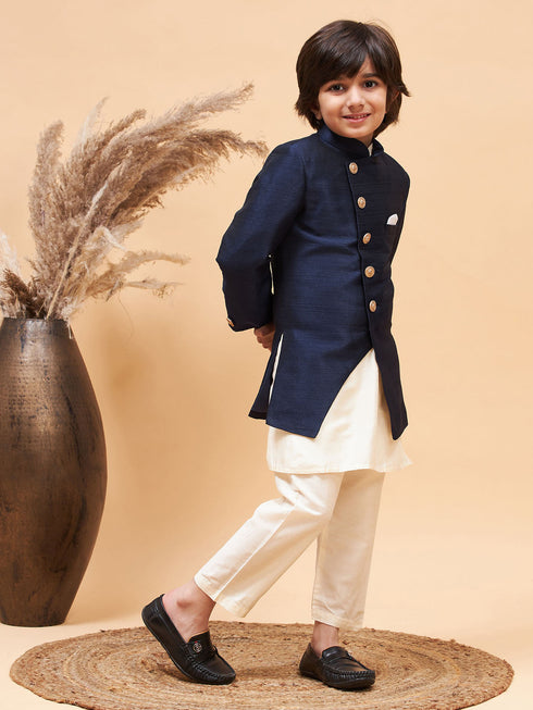 Vastramay Boy's Navy Blue Indo Western Jacket With Cream Kurta And Pyjama Set