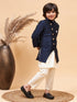 Vastramay Boy's Navy Blue Indo Western Jacket With Cream Kurta And Pyjama Set