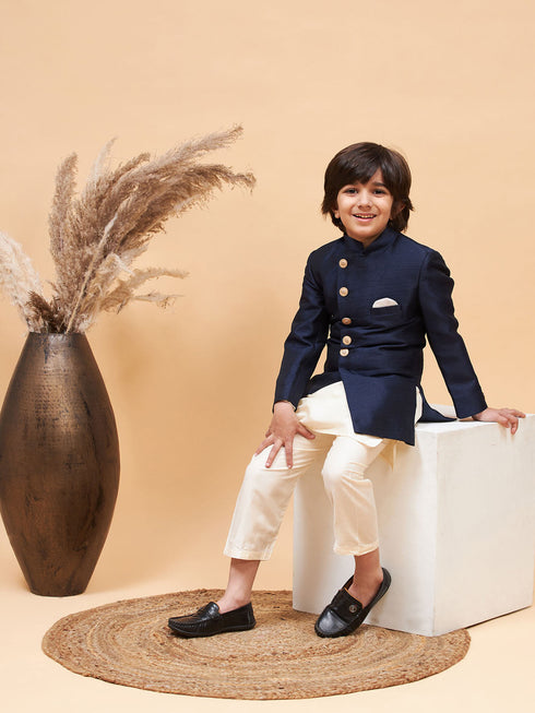 Vastramay Boy's Navy Blue Indo Western Jacket With Cream Kurta And Pyjama Set