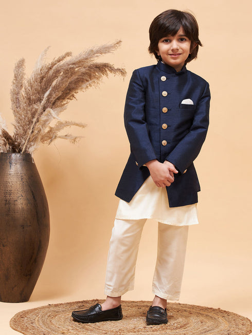 Vastramay Boy's Navy Blue Indo Western Jacket With Cream Kurta And Pyjama Set