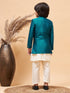 Vastramay Boy's Turquoise Indo Western Jacket With Cream Kurta And Pyjama Set