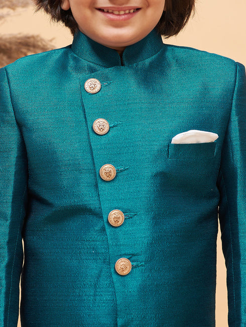 Vastramay Boy's Turquoise Indo Western Jacket With Cream Kurta And Pyjama Set