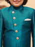 Vastramay Boy's Turquoise Indo Western Jacket With Cream Kurta And Pyjama Set