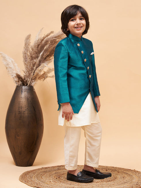 Vastramay Boy's Turquoise Indo Western Jacket With Cream Kurta And Pyjama Set
