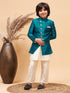 Vastramay Boy's Turquoise Indo Western Jacket With Cream Kurta And Pyjama Set