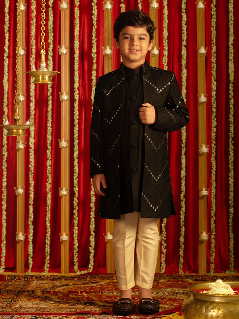 Vastramay Boys' Black And Cream Ethnic Mirror Combo Set