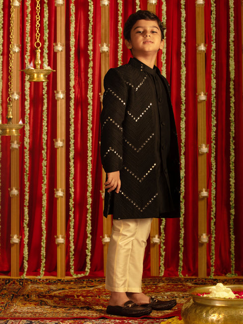 Vastramay Boys' Black And Cream Ethnic Mirror Combo Set