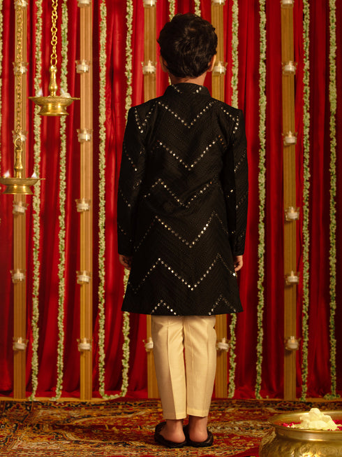 Vastramay Boys' Black And Cream Ethnic Mirror Combo Set