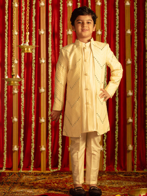 Vastramay Boys' Cream And Cream Ethnic Mirror Combo Set
