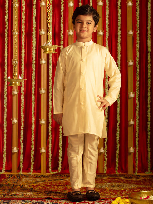 Vastramay Boys' Cream And Cream Ethnic Mirror Combo Set