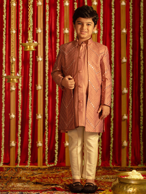 Vastramay Boys' Onion Pink And Cream Ethnic Mirror Combo Set