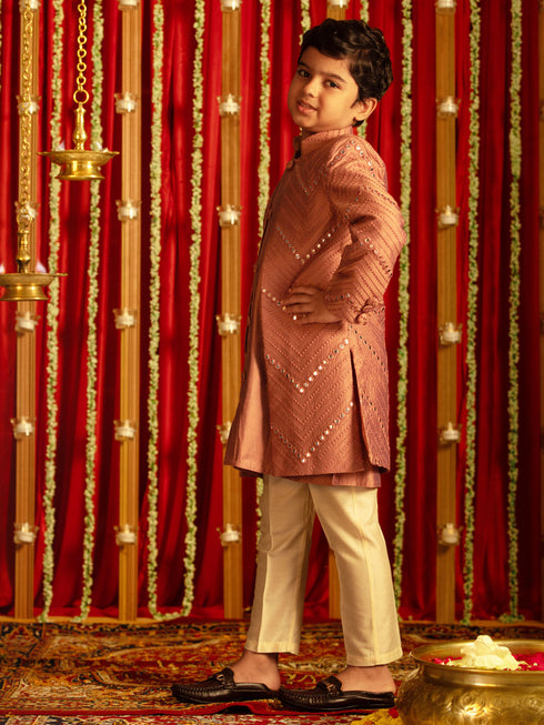 Vastramay Boys' Onion Pink And Cream Ethnic Mirror Combo Set