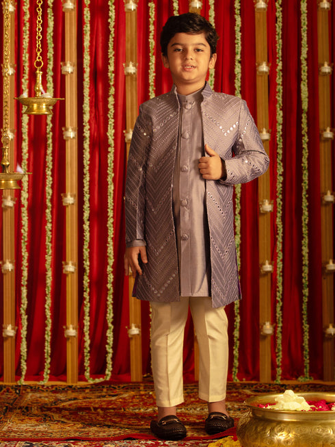 Vastramay Boys' Purple And Cream Ethnic Mirror Combo Set