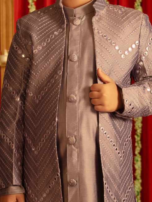 Vastramay Boys' Purple And Cream Ethnic Mirror Combo Set