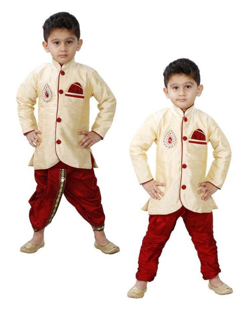 JBN CREATION Boys' Cream Cotton Silk Kurta and Pyjama Set