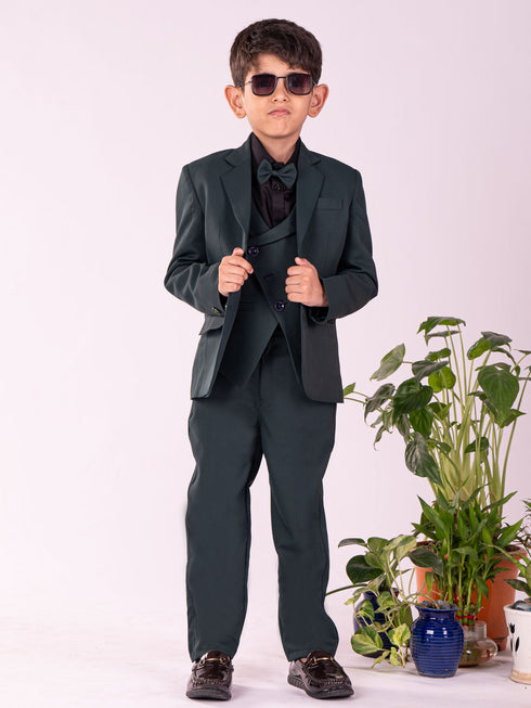 Vastramay Boy's Black And Green Shirt Blazer Waist Coat And Pant