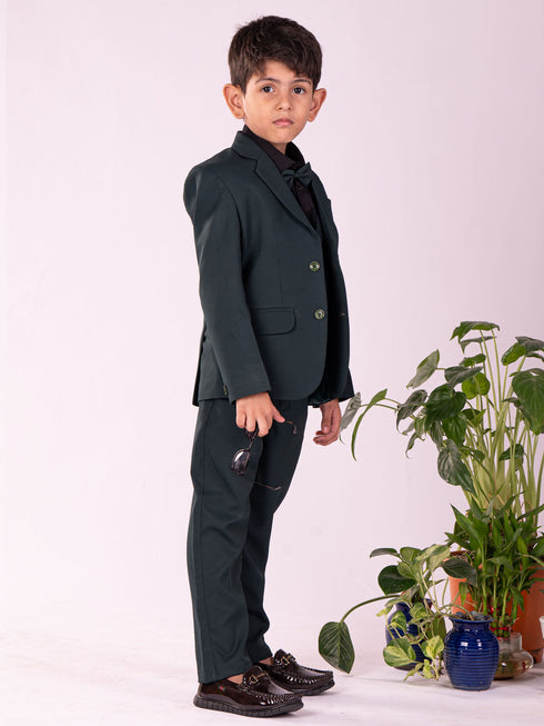 Vastramay Boy's Black And Green Shirt Blazer Waist Coat And Pant